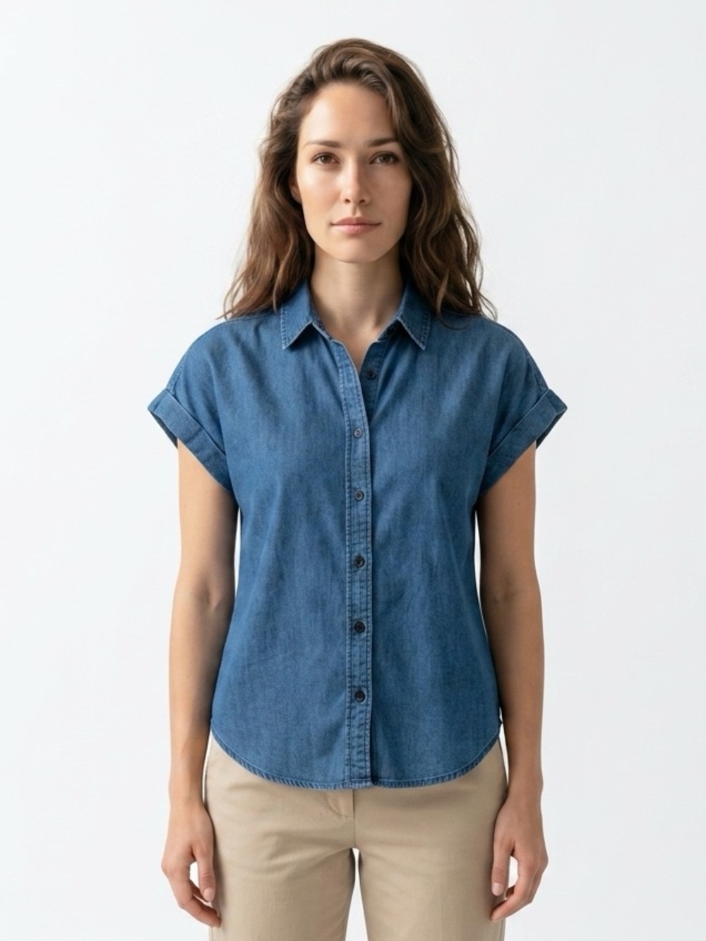 Tilley Denim Blue Tencel Cotton Short Sleeve Button-Down Casual Shirt-S